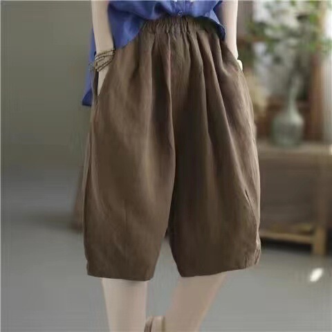 Summer Half Pants Women's All-match Large Size Wide-leg Pants Age-reducing Western-style Cotton and Linen Pants Ethnic-style Loose Waist Shorts