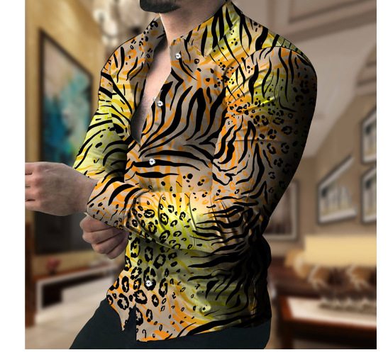 Comercio exterior 2023 primavera nuevos hombres gradiente de impresión digital solapa camisa de manga larga camisa casual de los hombres