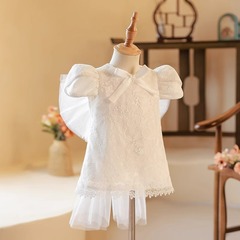 中式周歲女寶禮服2025新款花童婚禮小女孩公主裙拖尾國潮女童旗袍