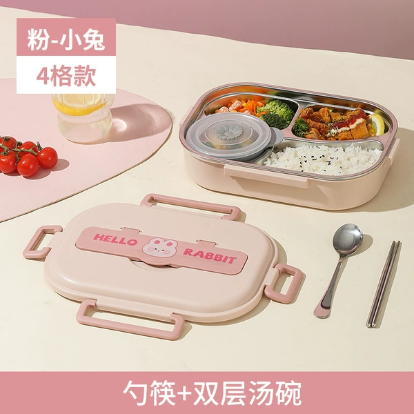Pink Bunny (medium 4 grid)+chopstick spoon+soup bowl