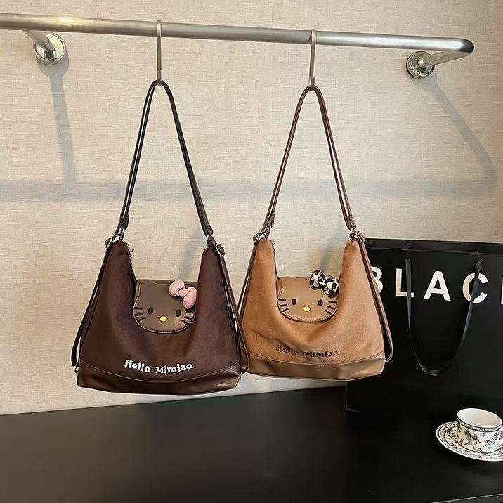 Korean Retro Cartoon Kitty Cat Backpack Women's Maillard Large Capacity Casual Versatile Single Shoulder Crossbody Bag