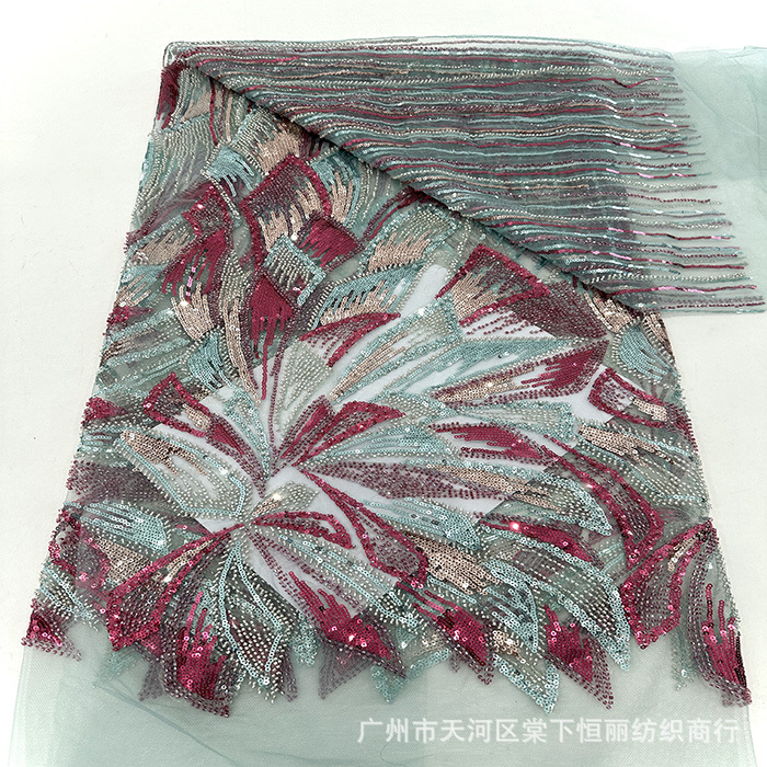 新款串珠亮片婚纱晚礼服布料非洲亮片珠管蕾丝面料现货tulle lace