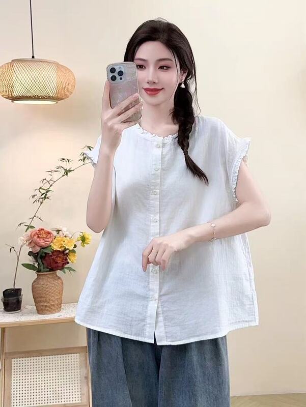 Korean Style New Model Stand Collar Double-Layer Gauze Ruffled Edge Solid Color Women's Cardigan Short-Sleeve Shirt Top Korean Style New Model Stand Collar Double-Layer Gauze Ruffled Edge Solid Color Women's Cardigan Short-Sleeve Shirt Top