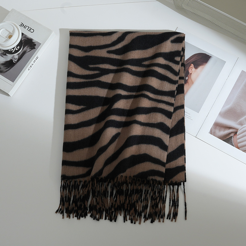 Bufanda de Imitación de Cachemira con Estampado de Cebra, Gruesa, Cálida y con Flecos, para Otoño/Invierno