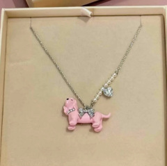 甜美可爱少女滴油镶钻小猫粉色吊坠项链女高级可爱锁骨链毛衣链潮