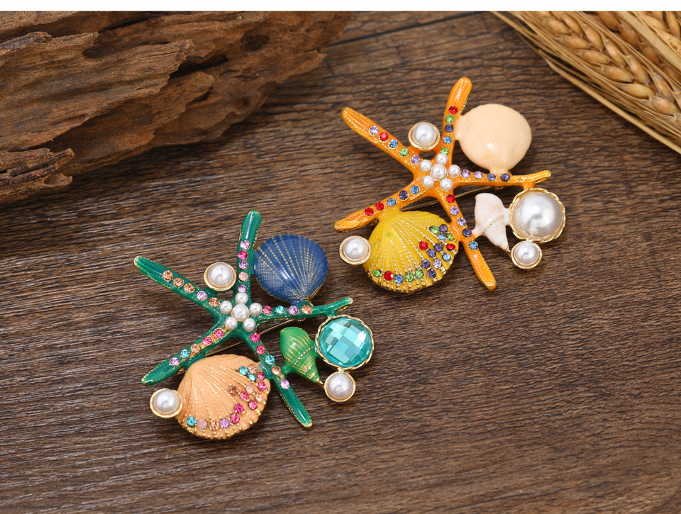 20g Weight Rhinestones, Pearl Inlay Material Korean Style Pin Starfish Shell Alloy Plating Inlay Rhinestones Pearl Unisex Brooches