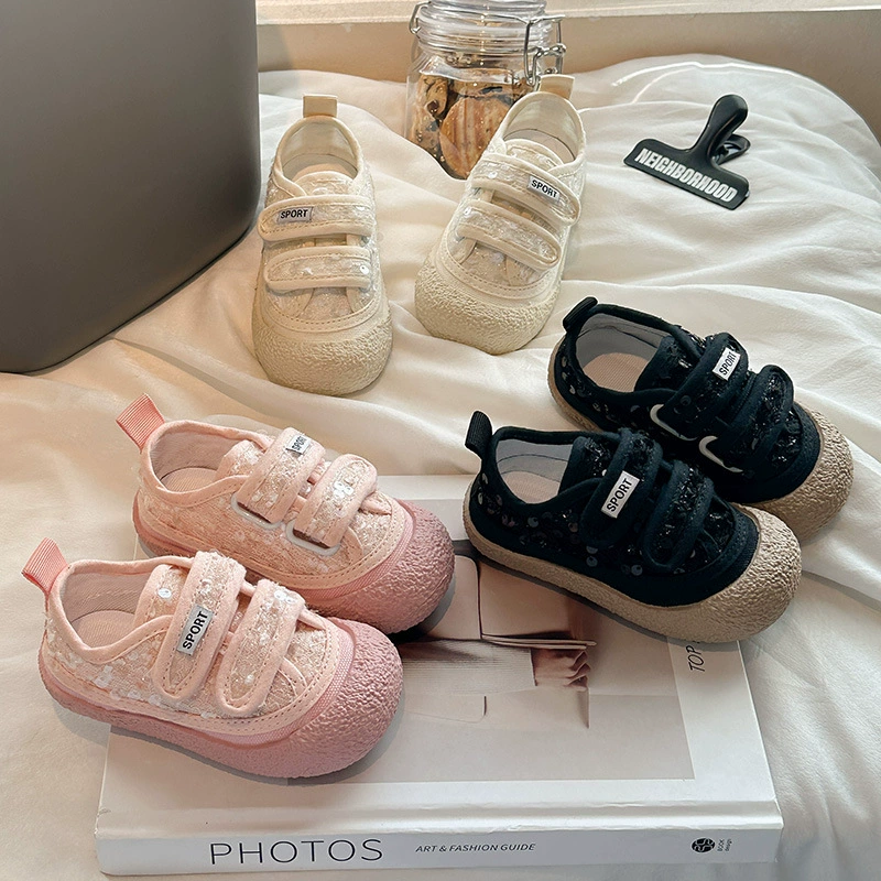 Повседневная спортивная обувь для девочек 2024 весна и осень новая девочка с блестками на липучке обувь для мальчиков нескользящая белая обувь