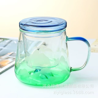 工厂现货热销渐变色山水杯 高硼硅玻璃茶杯套装观山杯