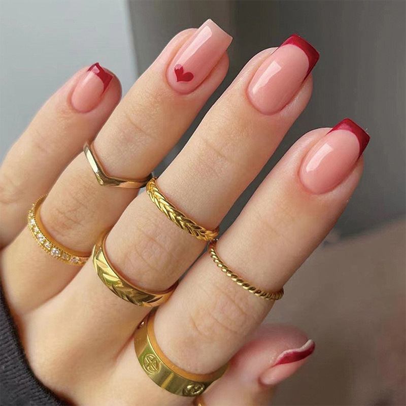 Cross-border wear nail piece simple red French nail nail piece Valentine's Day love nail patch fake nail wholesale
