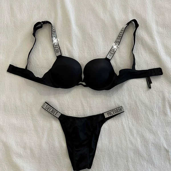 Foreign Trade Cross-Border European and American Style Rhinestone Shoulder Strap Backless Bra Set for Small Busts, with Push-Up and Anti-Sagging Adjustable Bra