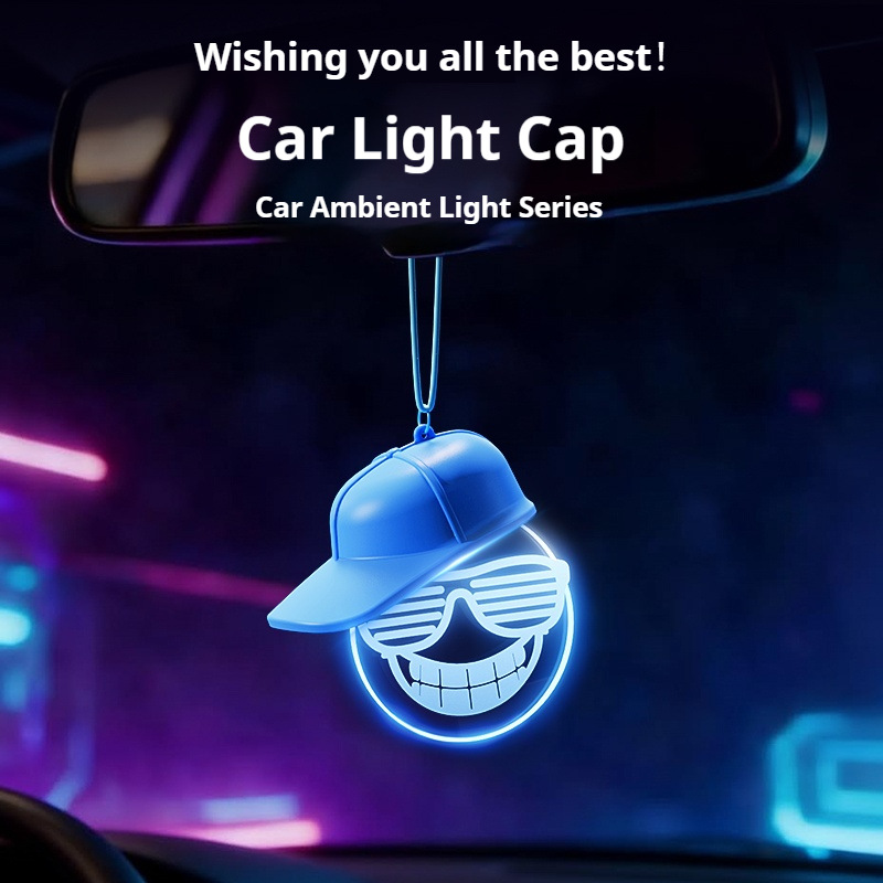 Espejo retrovisor del automóvil divertido pequeño sombrero sonriente coche remolque cool interesante colgante de automóvil luz de atmósfera image 2