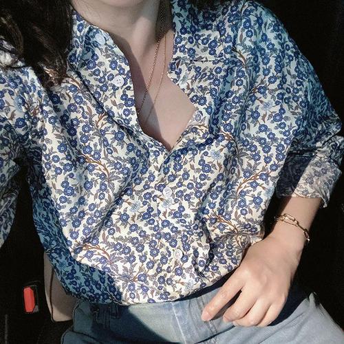 French-style niche literary retro blouse, new vine pattern floral print loose plus-size slimming tunic top long-sleeved shirt