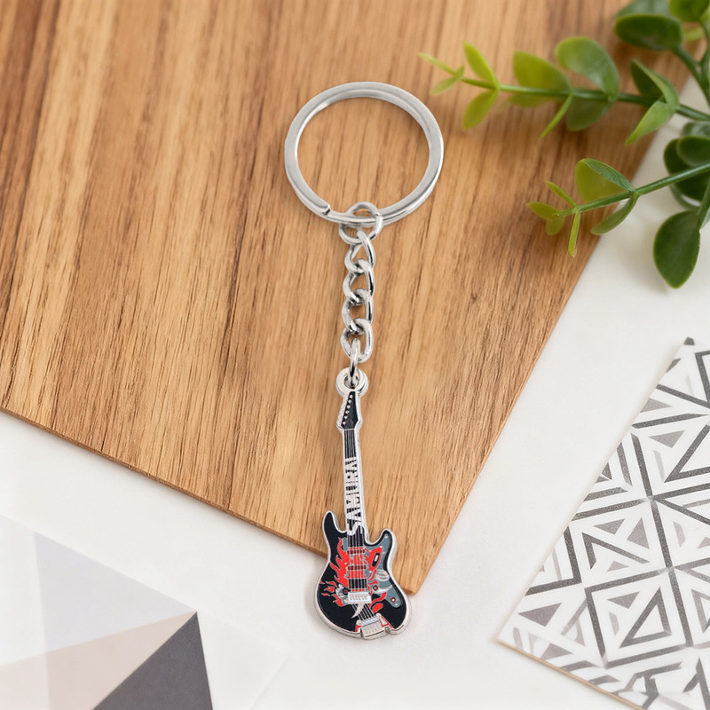 Punk-Style Flame Electric Guitar Keychain, Rock Music Merchandise Keyring, Cross-Border Exclusive Backpack Metal Pendant