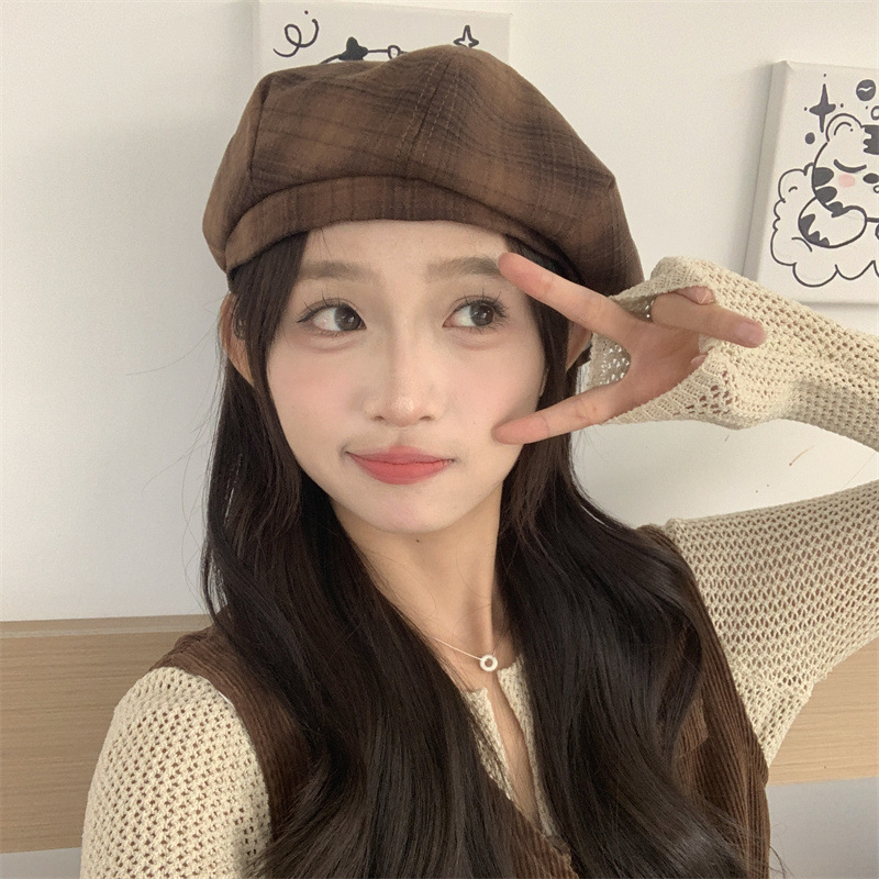 新款贝雷帽女韩版秋季毛呢复古格纹蓓蕾帽子文艺甜酷画家帽潮批发
