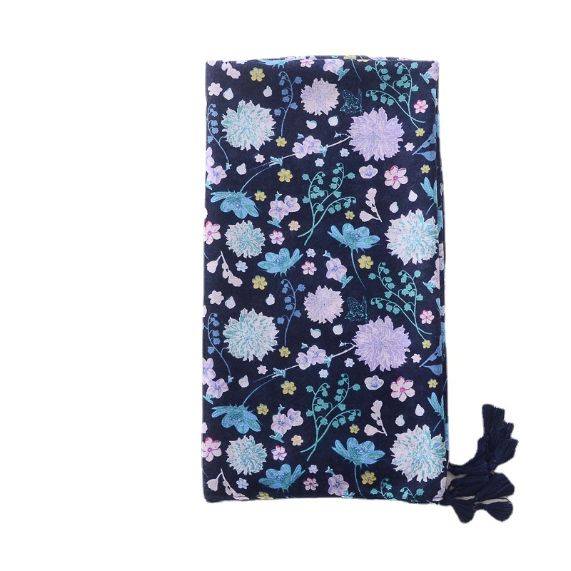Primavera y verano artístico todo partido viaje fotografía chal bufanda de seda de las mujeres azul marino floral algodón y lino sensación trenza borla bufanda