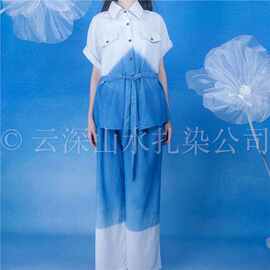云深山水扎染亚麻黑扣飞机袖假口袋两件套爆款遮肉