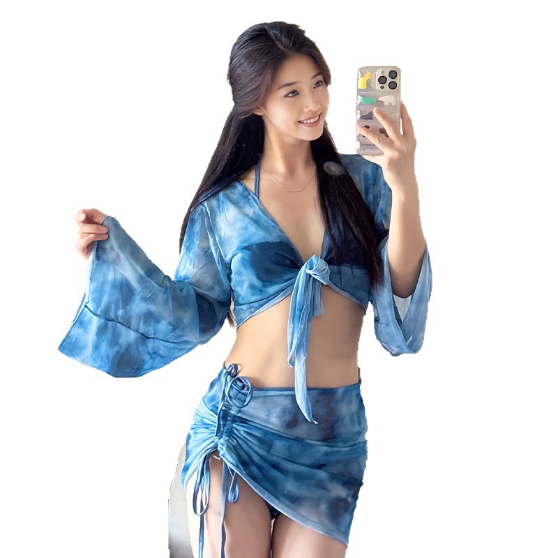 Traje de baño dividido con protector solar de manga larga para mujer, bikini sexy de cuatro piezas, traje de baño de vacaciones conservador y delgado