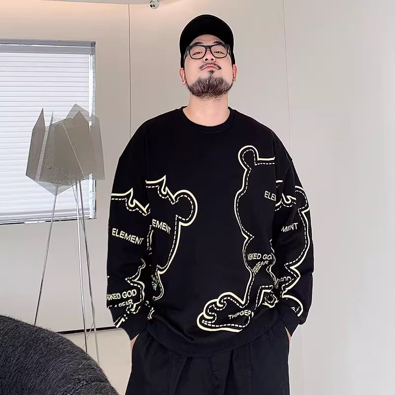 Autumn and Winter Trendy Cartoon Print Pullover Sweatshirt for Men, Plus Size, Oversized, Loose Fit, Crew Neck 150kg Top