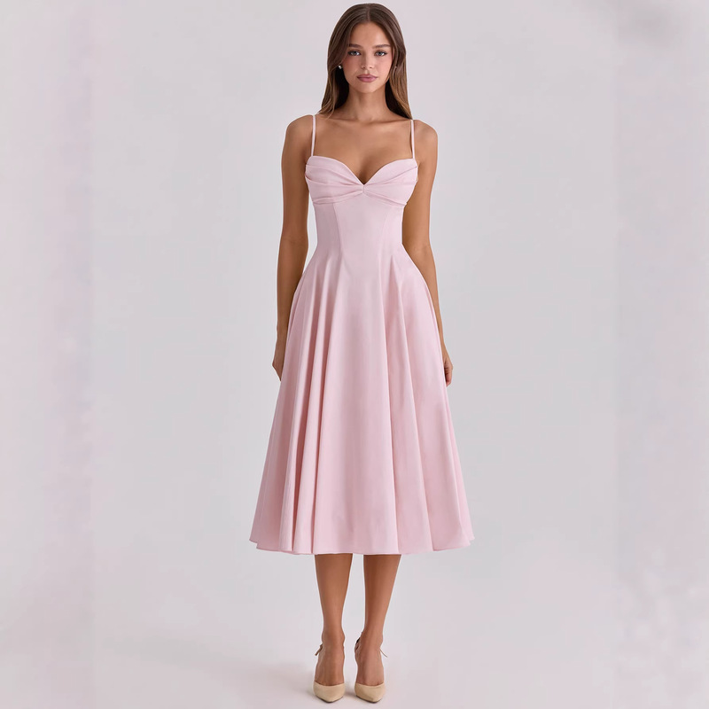 Elegant and Sweet Vintage Strap Party Dress, Featuring Pleated Details, Party Tea Party Dress