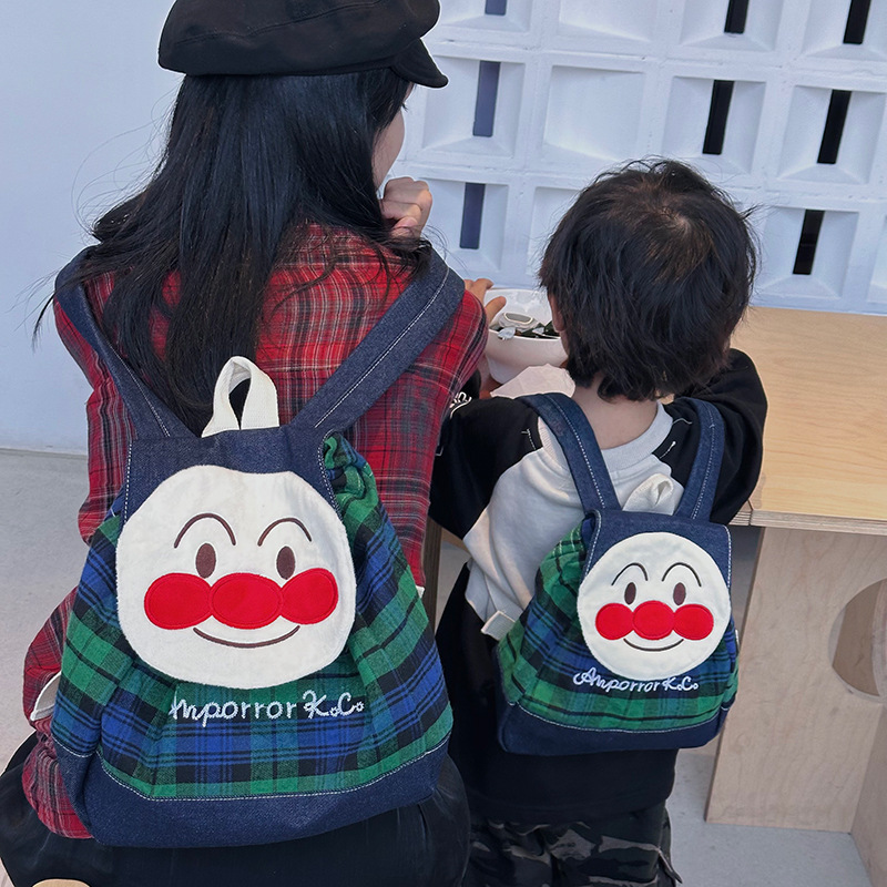 Cartoon backpack children's bag Japanese and Korean style kindergarten school bag autumn and winter cotton plaid bread people parent-child backpack