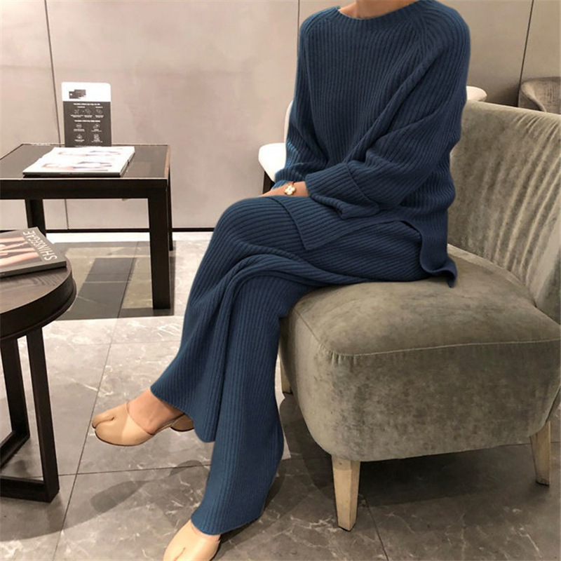 秋冬ニットスーツパンツ レディース 韓国風 カジュアル ゆったり 着痩せ効果 セーター ワイドパンツ ツーピースセット エレガント おしゃれ 多彩に合わせられる|undefined