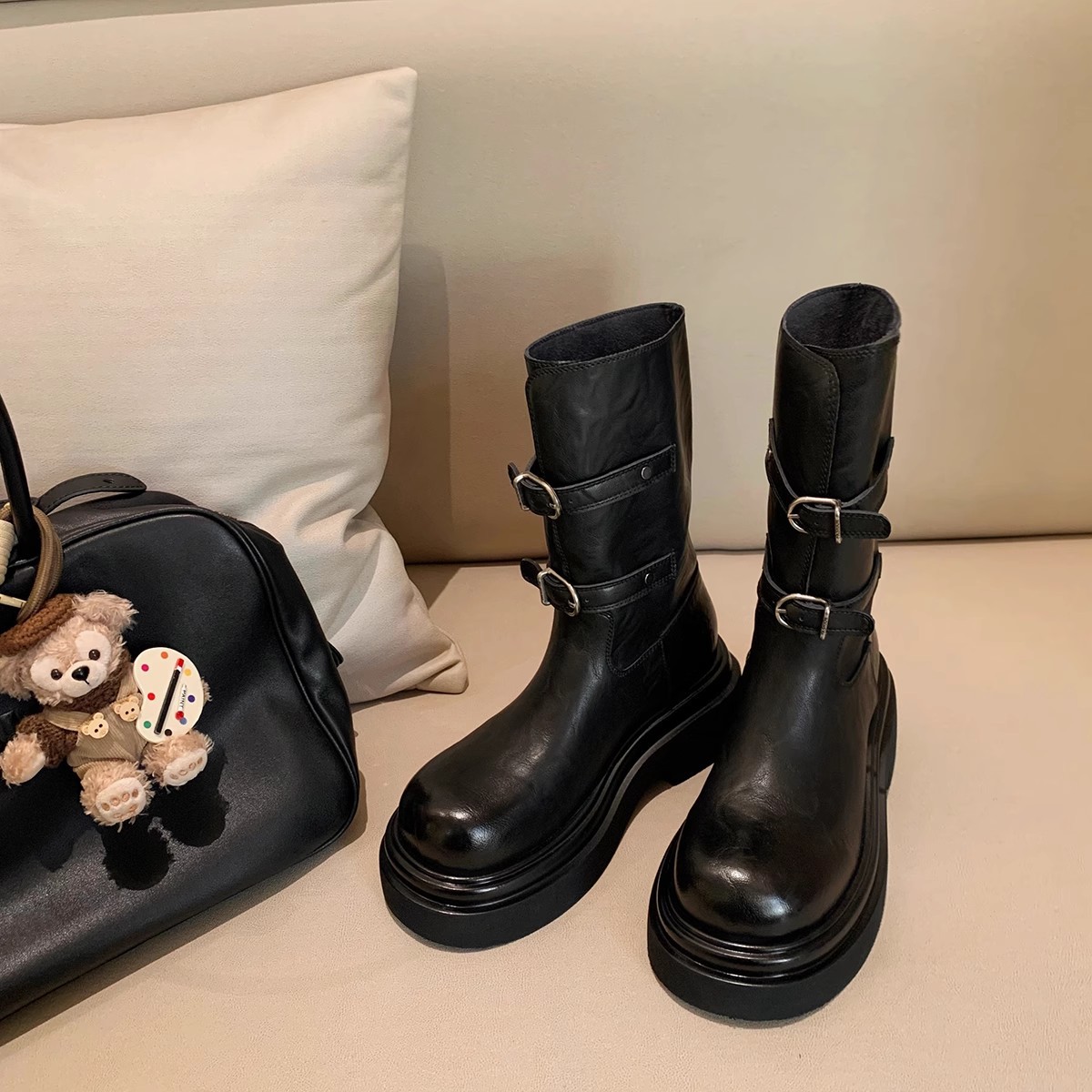 [Dos versiones] nuevo estilo de moda de cinturón de invierno y otoño de la uva, botas cortas de caballo con cabeza redonda y fondo grueso