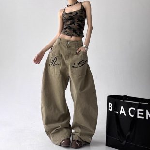 American Retro Embroidered Letter Casual Scimitar Pants Men 2025 Summer New Tall Cargo Wide-Leg Trousers Trendy