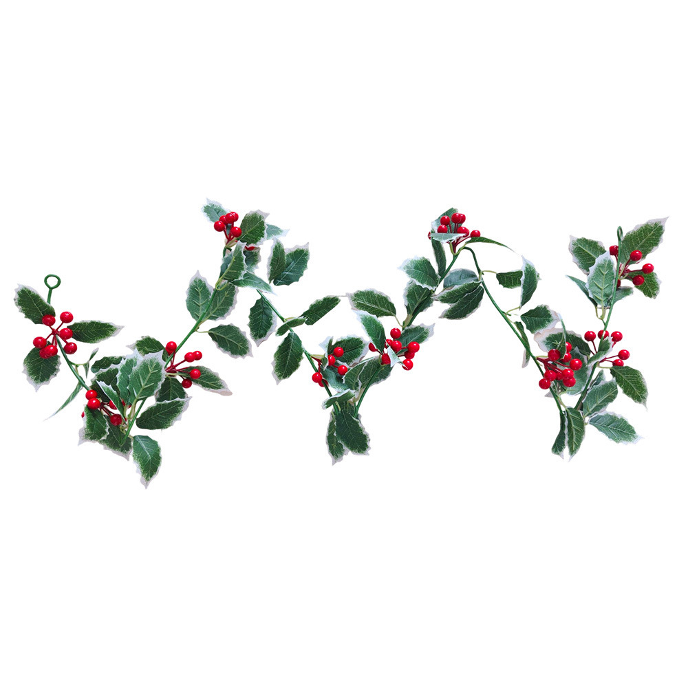 Guirnalda Navideña de Hojas con Borde Blanco y Bayas Rojas / 182CM 66g