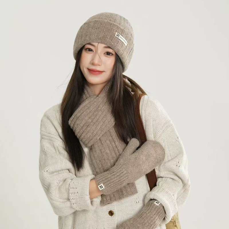 Woolen scarf, hat, knitted gloves, colored keep warm set, 3 piece set, increased thickness