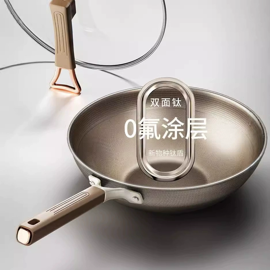 Популярная двусторонняя титановая кастрюля titanium shield с антипригарным покрытием, бытовая сковорода для перемешивания с титановым воком из нержавеющей стали, индукционная плита с плоским дном