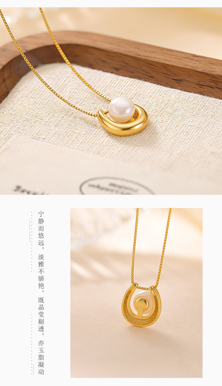 Dây chuyền bạc S925 mạ vàng đính ngọc trai tròn phong cách tối giản — Bạc (Bộ dây chuyền) chi tiết 5