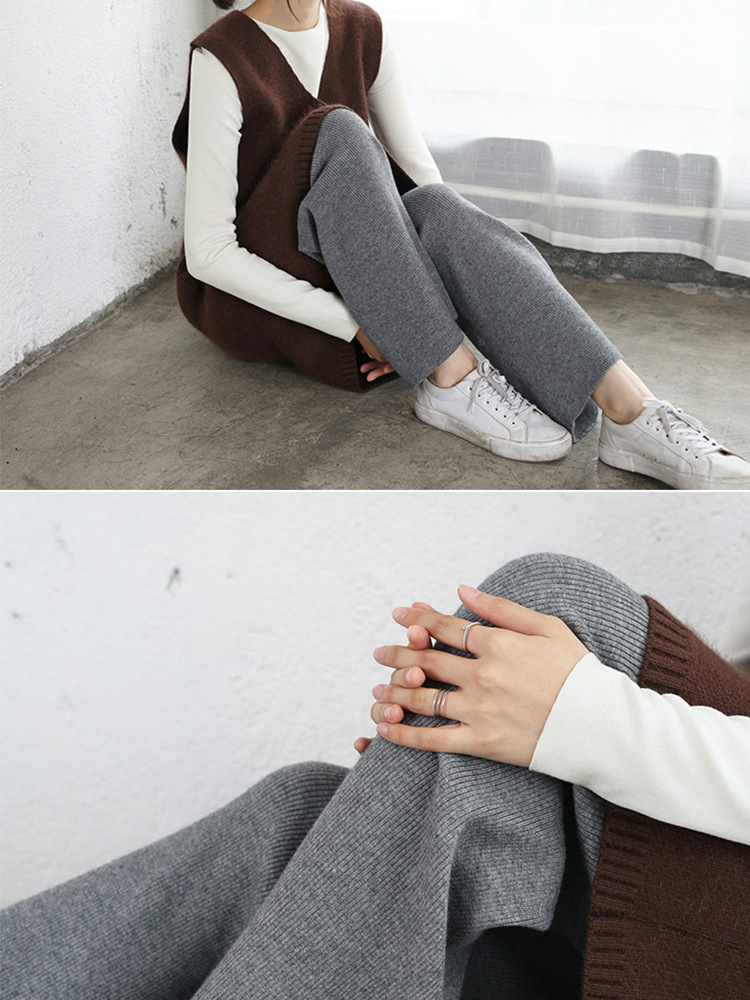 高腰直筒针织休闲裤女 秋季新款纯色高弹阔腿裤小个子垂感拖地裤