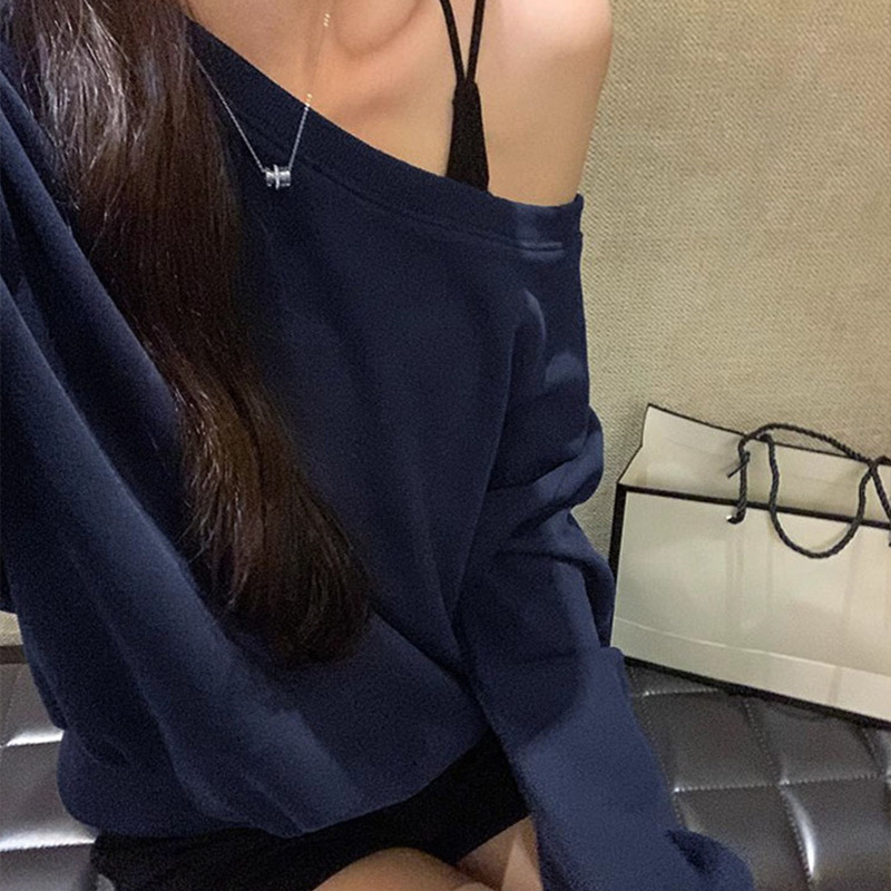 美式一字肩卫衣女早秋季2025新款松弛感oversize斜肩辣妹长袖上衣|undefined