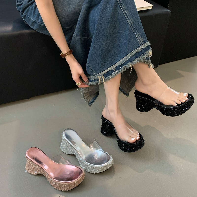 Summer New Style Platform Thick-Soled Slippers for Women to Wear Sexy Sequined Waterproof Platform One-Line Transparent Fish Mouth High-Heeled Sandals