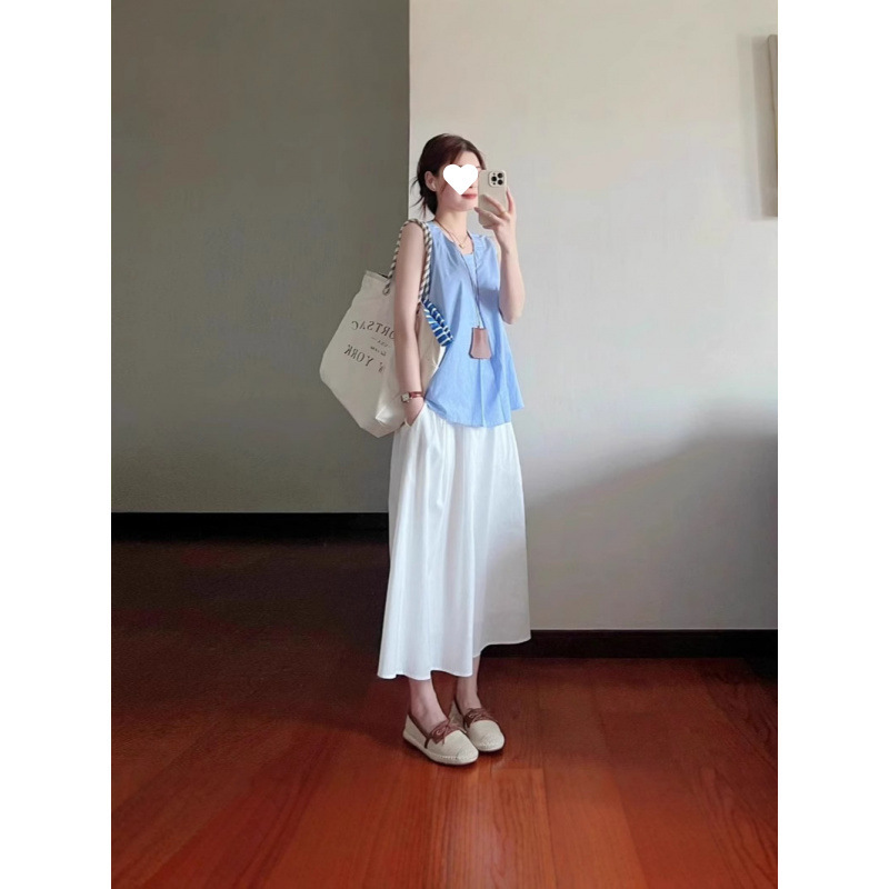 韩系温柔风休闲套装女夏季甜美蓝色无袖背心上衣高腰半身裙两件套|undefined