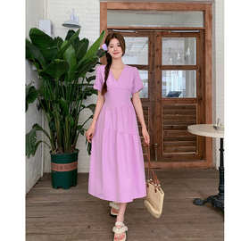 实拍 茶歇法式紫色连衣裙子女夏季新款温柔风高腰显瘦泡泡袖长裙