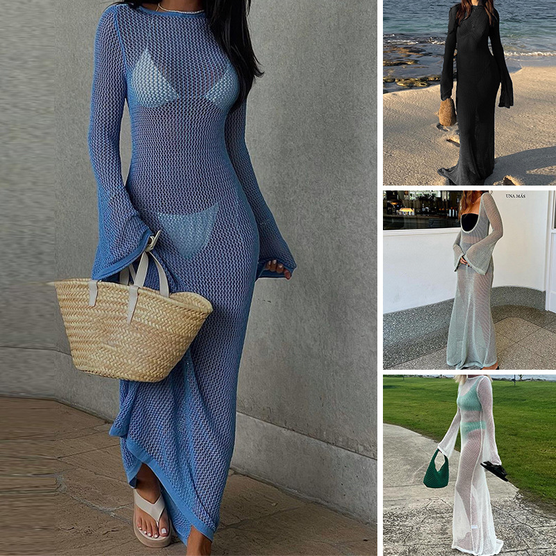 European and American cross-border vacation casual sexy long solid color see-through new long sleeve floor-length dress beach dress