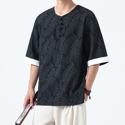 Summer Chinese-style patterned shirt for men, large size Tang suit Hanfu, five-pointed sleeve collared shirt, half-sleeve printed round collar shirt