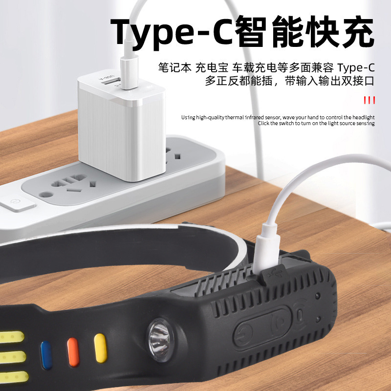 Transfronterizos nuevos faro de inducción al aire libre conducir luz USB recargable luz de carrera nocturna LED luz de cabeza calva fuerte pesca nocturna