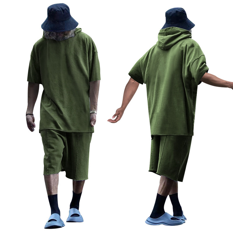 2024 Men's Short Sleeve Shorts Oversize Fur Loose Sports Casual Hooded Set_mkmklike.com