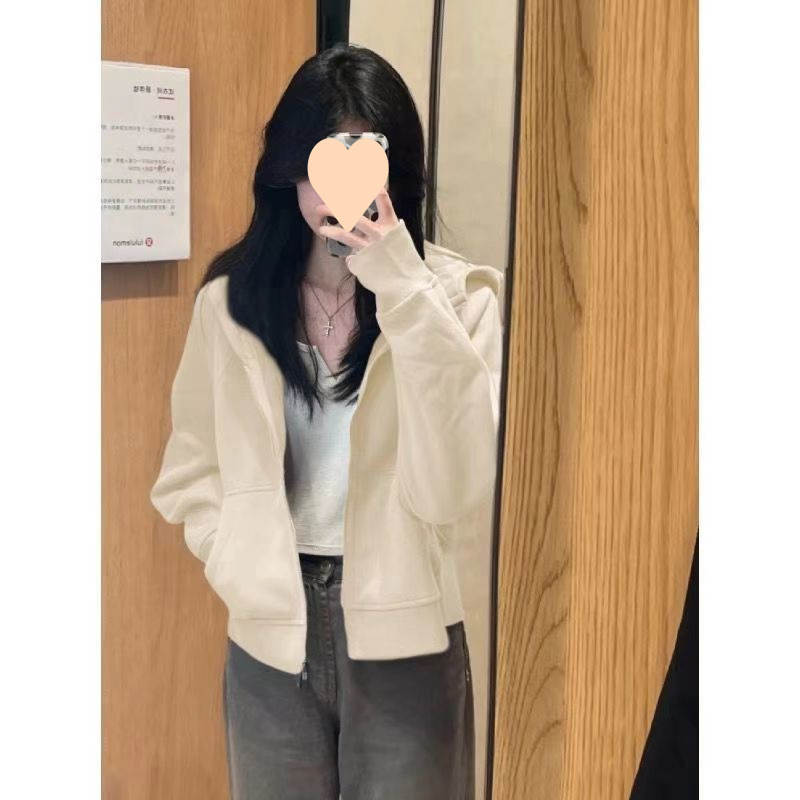アメリカンレトロな小柄なショートフード付きスウェットシャツ薄手のコート女性の春と秋の新しいルーズカジュアルカーディガントップトレンディ|undefined