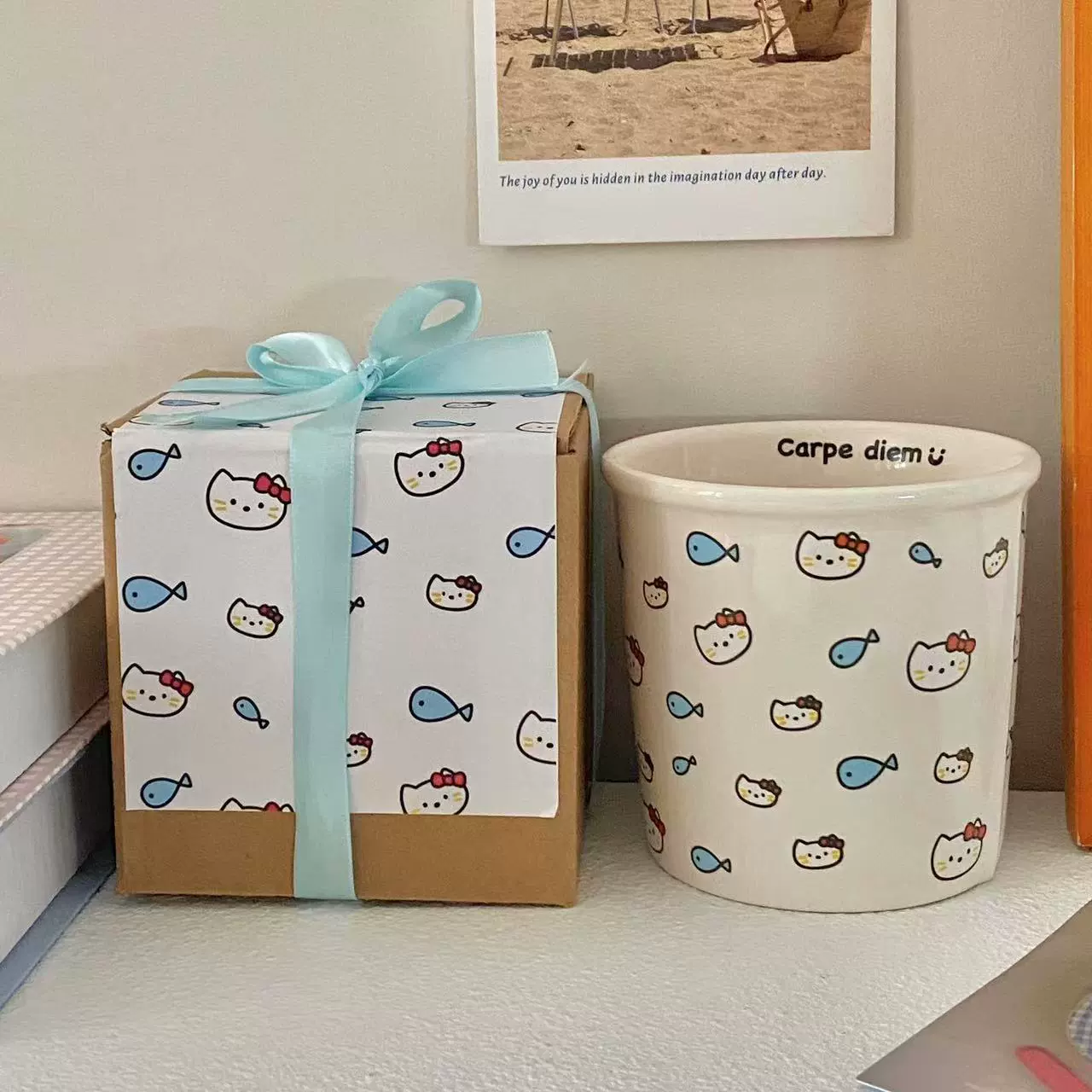 Ceramic Mug Ins Cat Eating Fish — 350 ml, Cute Gift Box Design