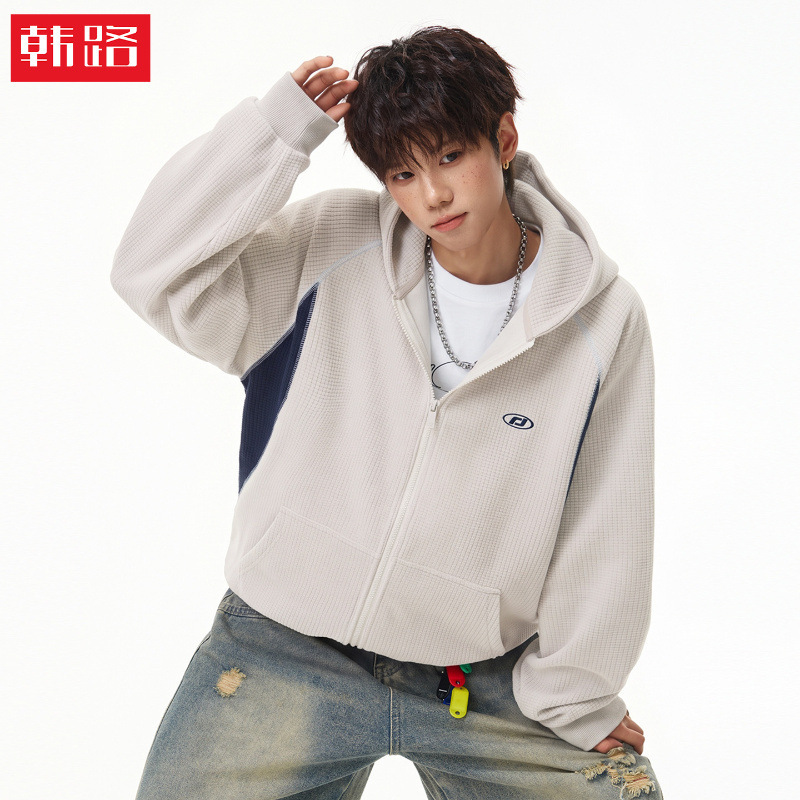 Han Lu | Heavyweight American-Style Sports Cardigan Hooded Sweatshirt for Men, Autumn Style, Color-Blocked Raglan Hooded Jacket Q