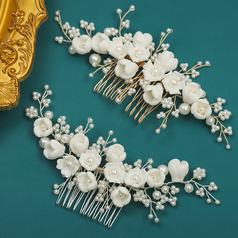 2023 New Pearl Porcelain Flower Arrangement Wedding Photo Bridal Headdress Handmade Ancient Style Hanfu Hair Accessories Wholesale