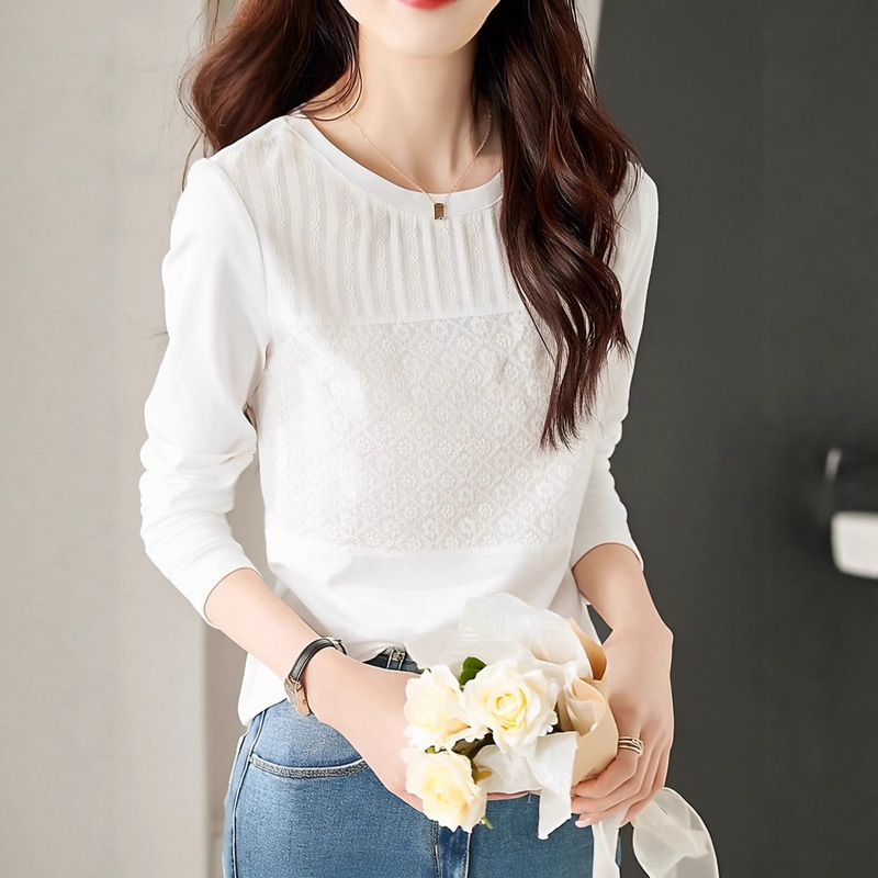 French Retro Lace Splicing T-Shirt for Women Korean Style Ins Style Elegant Fashion Versatile Round Neck Long-Sleeved Cotton Top