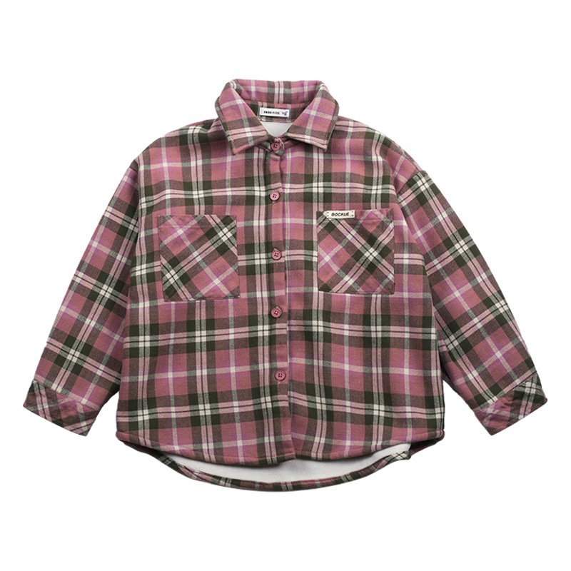 Ropa para niños medianos y grandes camisa forrada de lana Otoño e Invierno estilo coreano para niños Plaid engrosada Top frito calle dulce camisa fresca abrigo moda