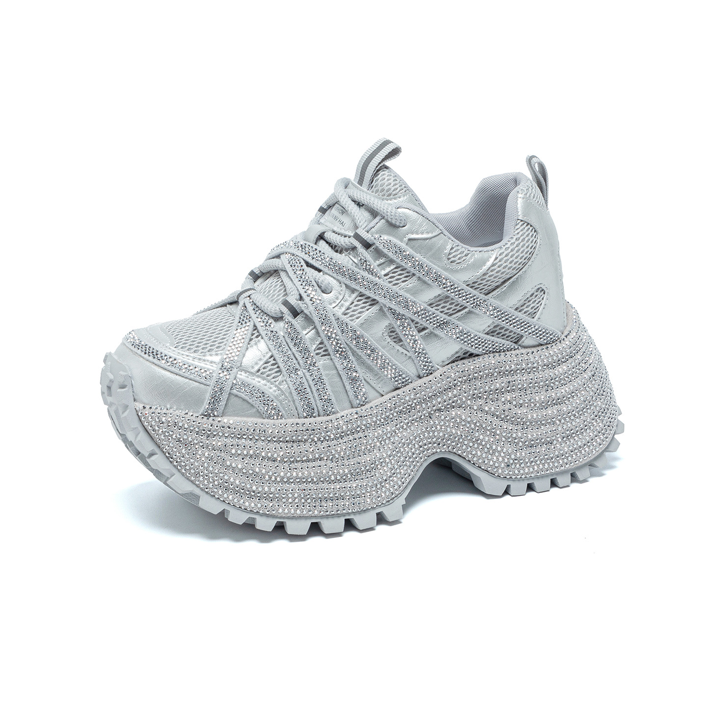 Giày sneaker nữ đế dày phong cách dad shoes, gót 5 cm, đính đá lấp lánh — Đỏ 5052, Xám 5052, Be 5052