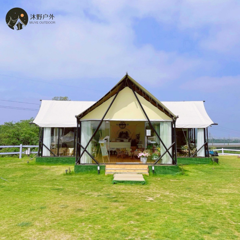 Muye al aire libre grande de lujo salvaje techo T-tipo camping bar tienda de campaña campamento residencial tienda de campaña hotel fabricante