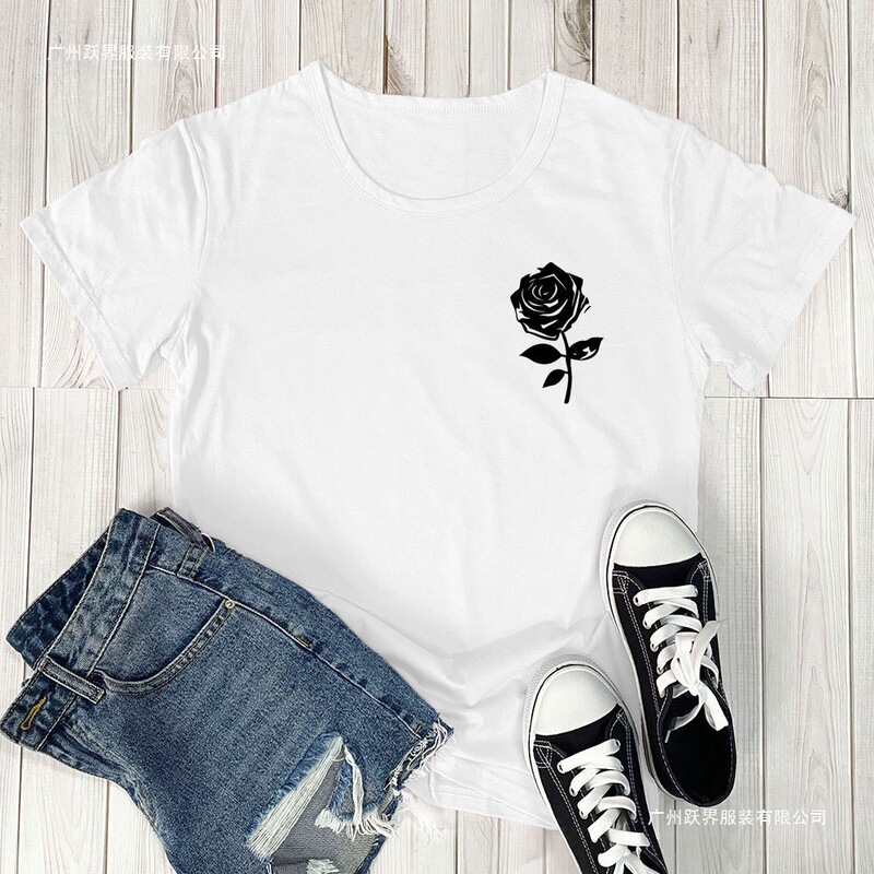 Foreign Trade Short-Sleeved Summer Hot Rose Pattern Fashionable Round Neck Women's Tops European and American Export T-Shirts