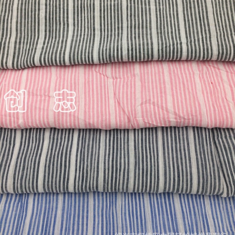 南通色织水洗泡泡条子布涤棉条纹绉布淘现货面料涤棉先染布梭织